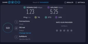 SpeedTestNetのスクリーンショット ダウンロード: 1.23Mbps アップロード: 5.25 Mbps Ping: 76ms