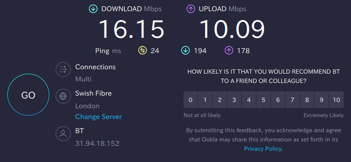 SpeedTestの結果。下り16.15Mbps、登り10.09Mbps
